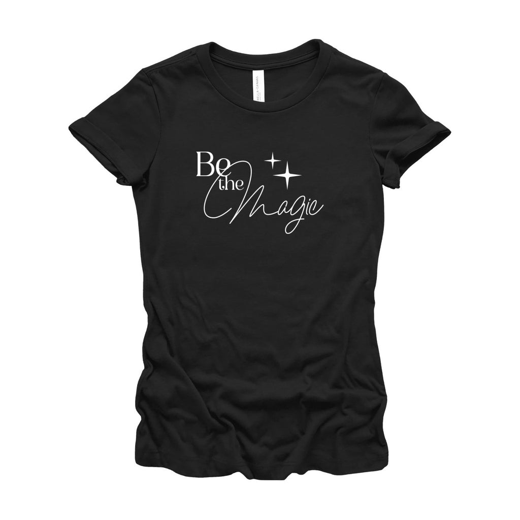 Fairy Wings T-Shirt for Women, 100% Cotton, with Inspirational Quote "Be the Magic" (Black, Front)