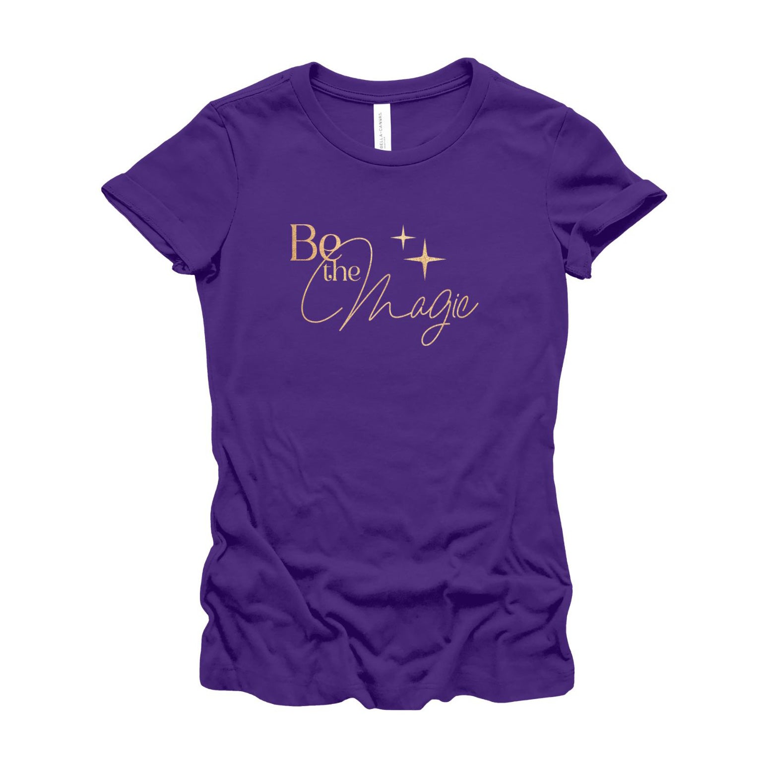 Fairy Wings T-Shirt for Women, 100% Cotton, with Inspirational Quote "Be the Magic" (Purple, Front)